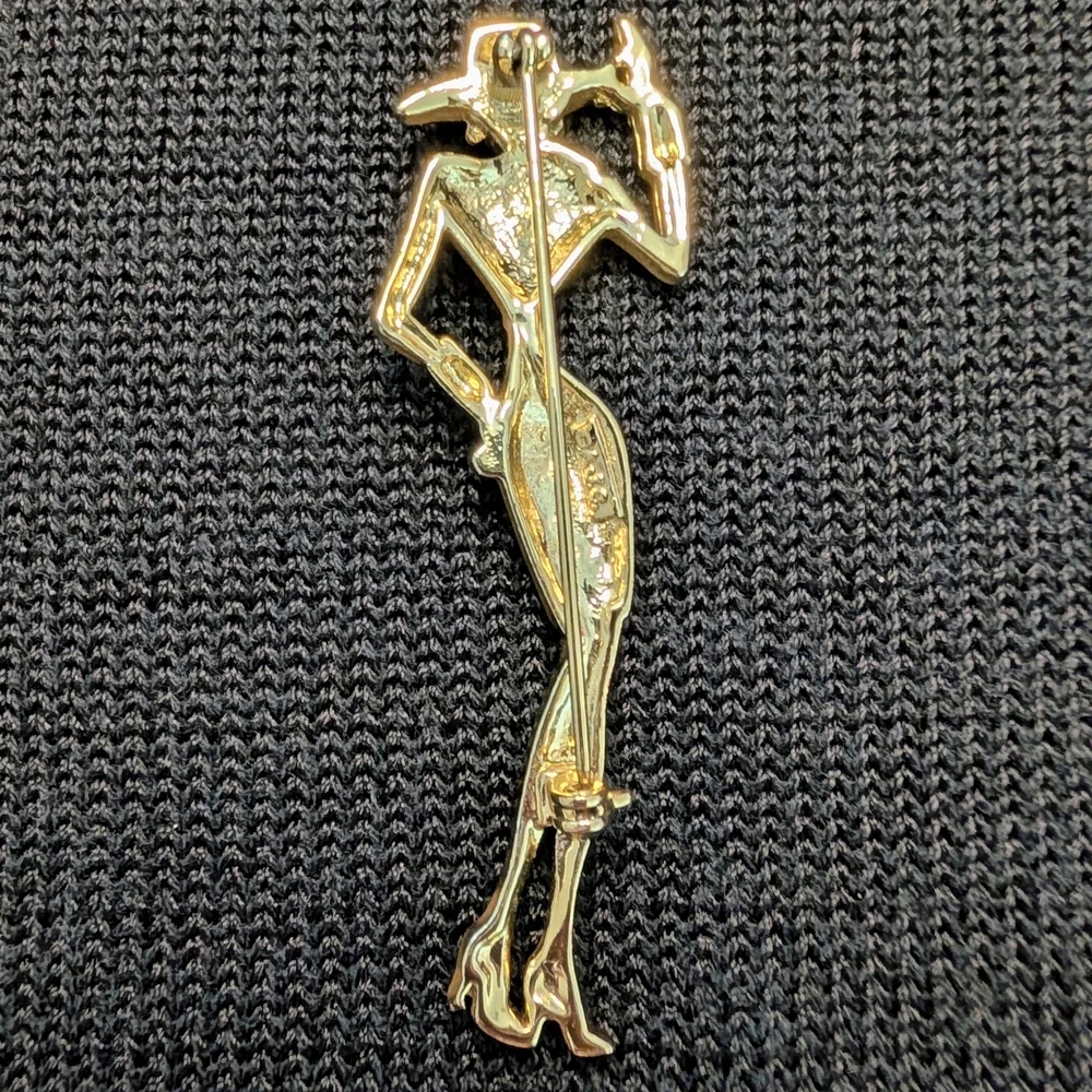 Vtg AJC Goldtone Brooch Pin Figural Stylish Woman Lady Shoulder Pads Fedora